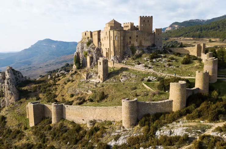 Aerial view of Loarre Castle over the Hoya de Huesca