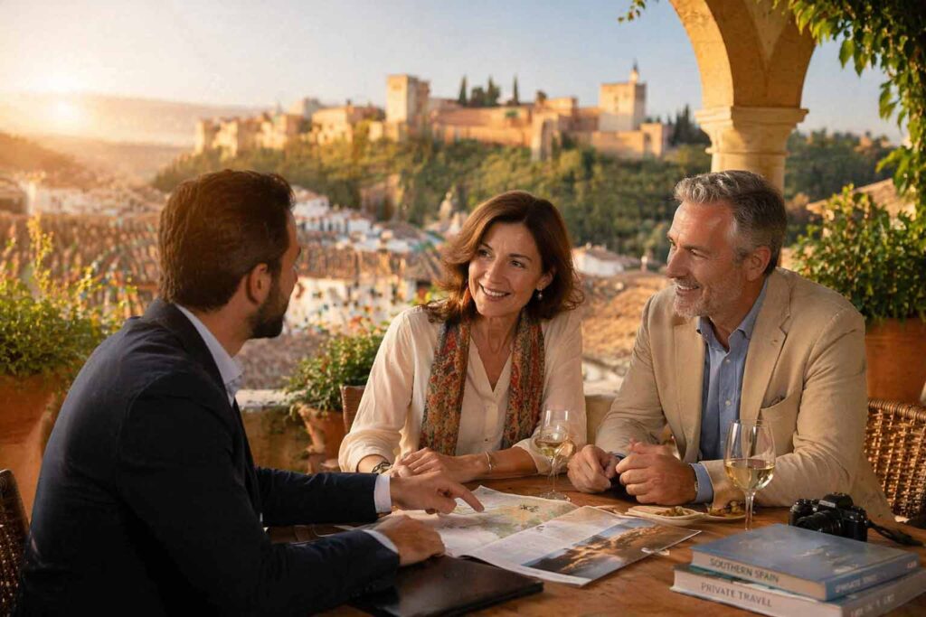 Affluent couple aged 50+ planning a private luxury itinerary in Spain with a local travel expert on a scenic terrace at sunset