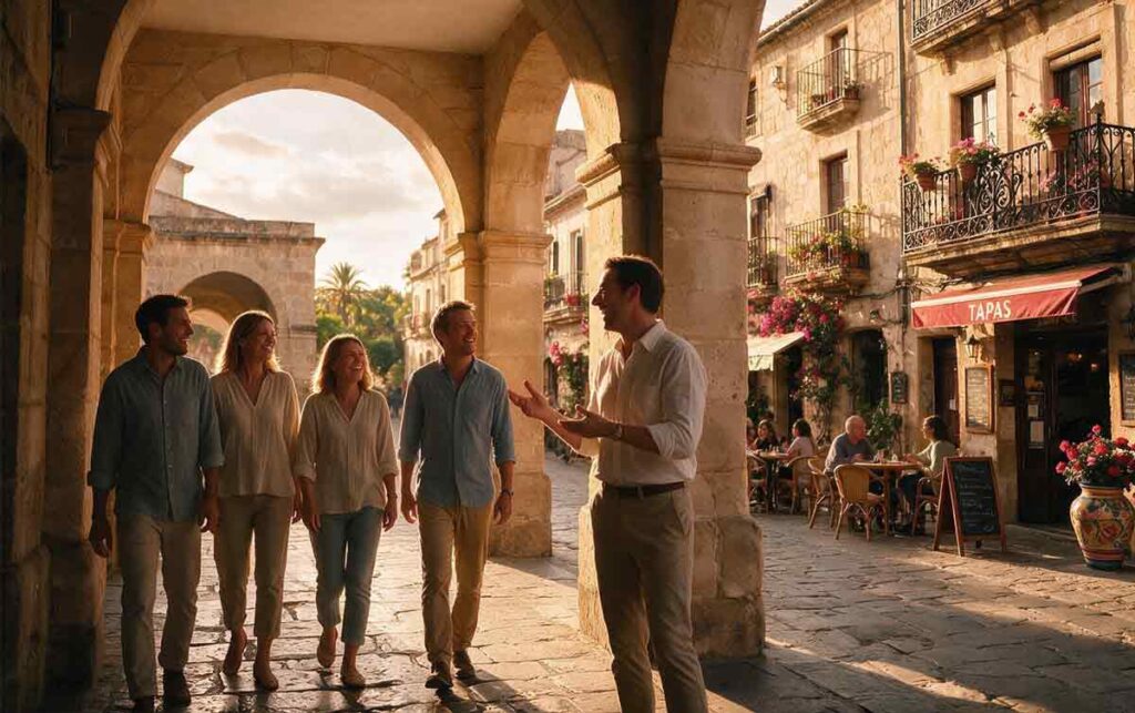 International travelers enjoying a private cultural tour in a historic Spanish old town with a local guide.