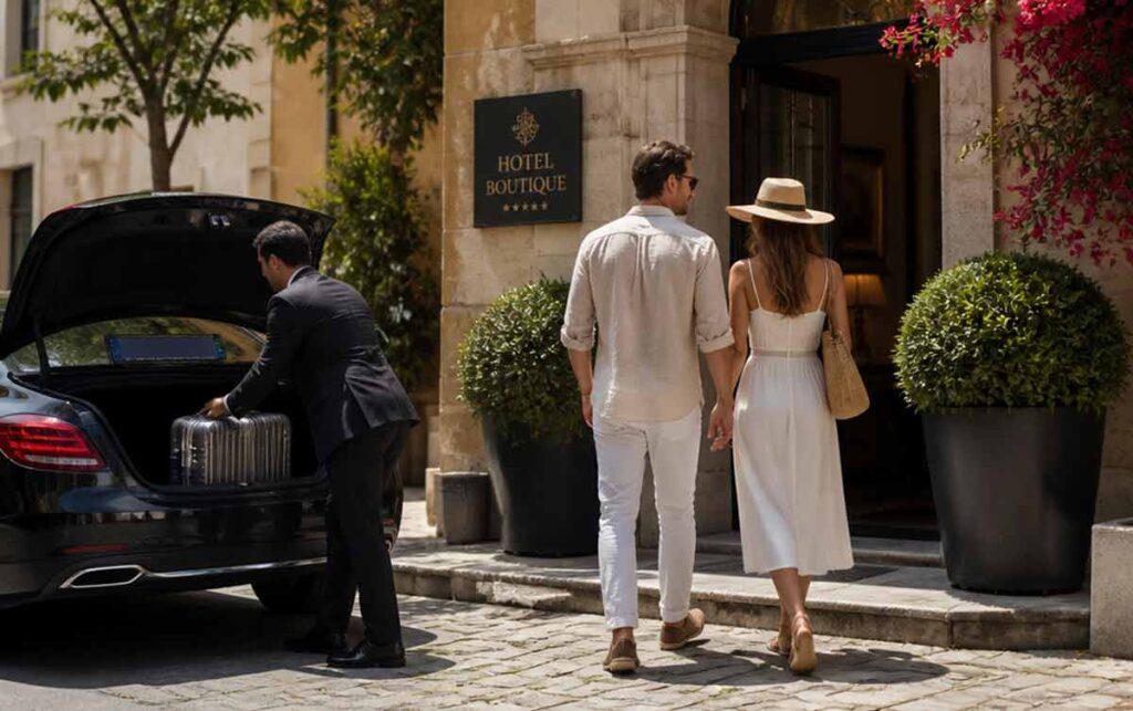 Travelers arriving at a boutique heritage hotel in Spain with private driver and local support.