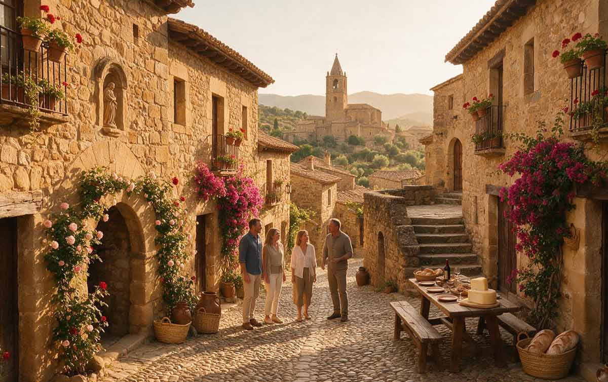 International travelers exploring a quiet medieval village in Aragón with a private local guide.