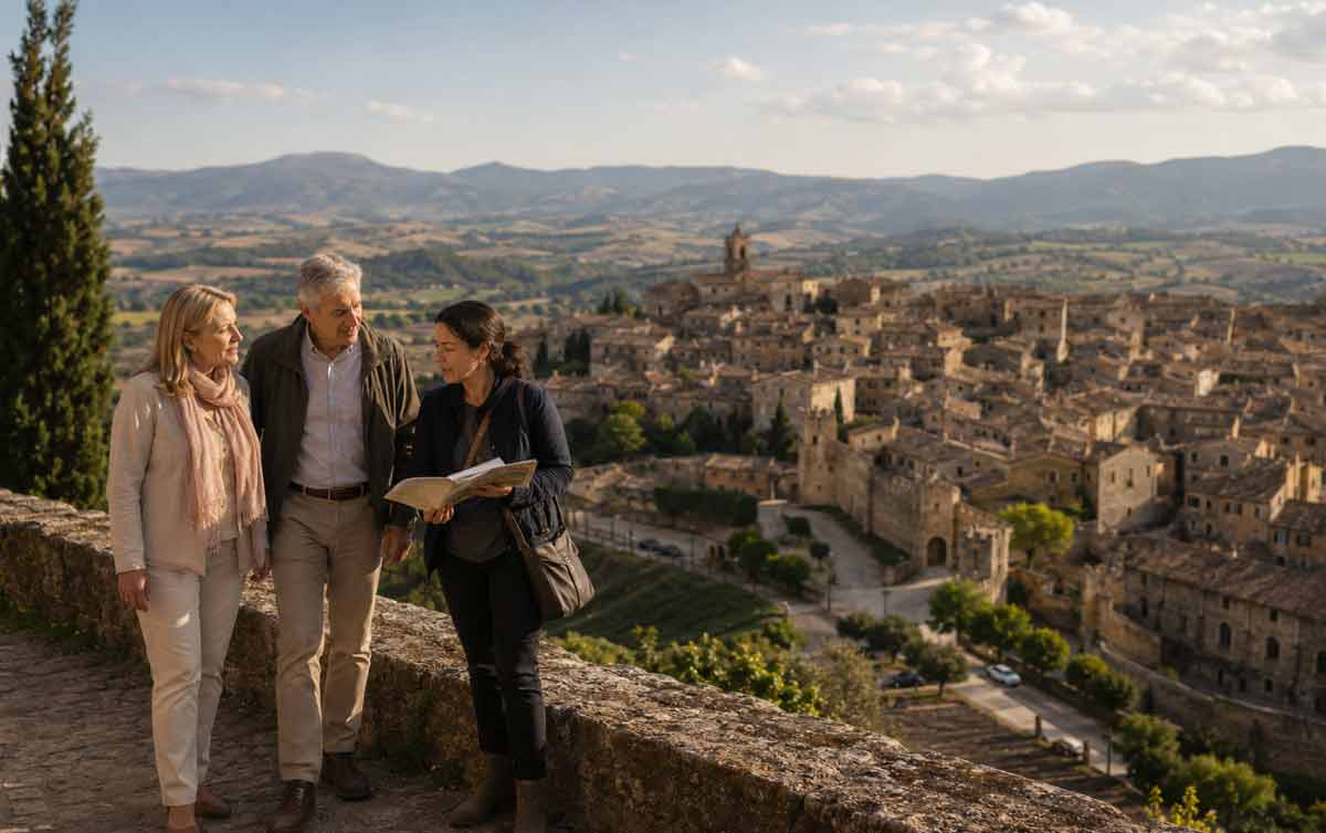 Viajeros y guía observando un pueblo medieval para valorar la mejor ruta