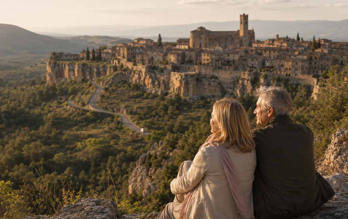 Couple overlooking a medieval Spanish town while traveling at their own pace