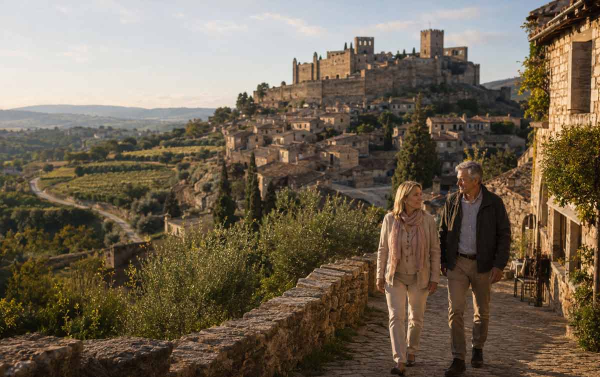 Pueblo medieval de España rodeado de paisaje rural ideal para viajar sin prisas