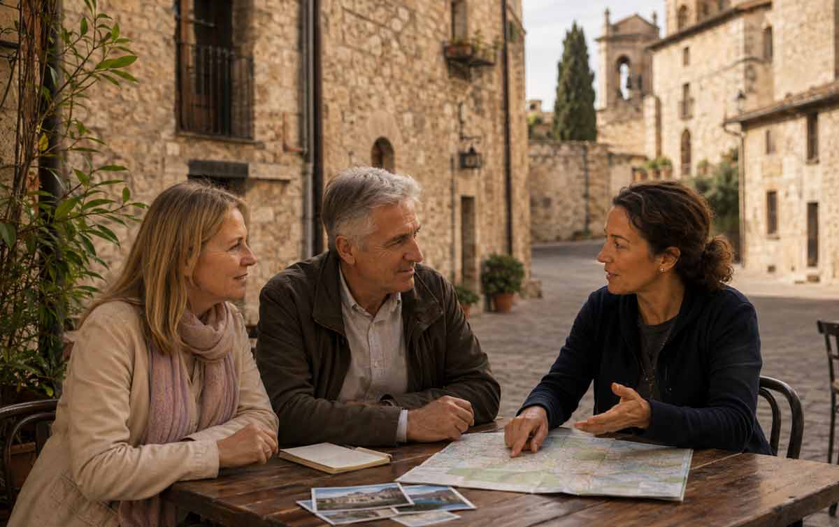 Travelers discussing a medieval Spain journey with a local guide