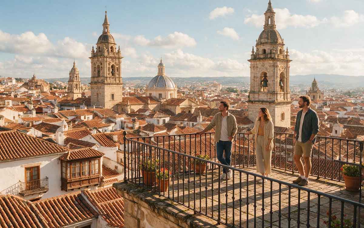 Viajeros contemplando una ciudad histórica durante un viaje cultural privado por España
