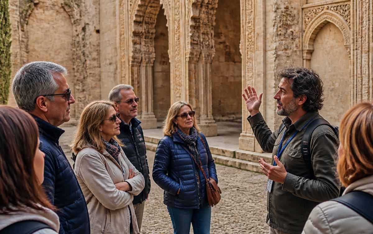 Travelers exploring Spanish heritage with a private guide in a historic palace or cultural site.